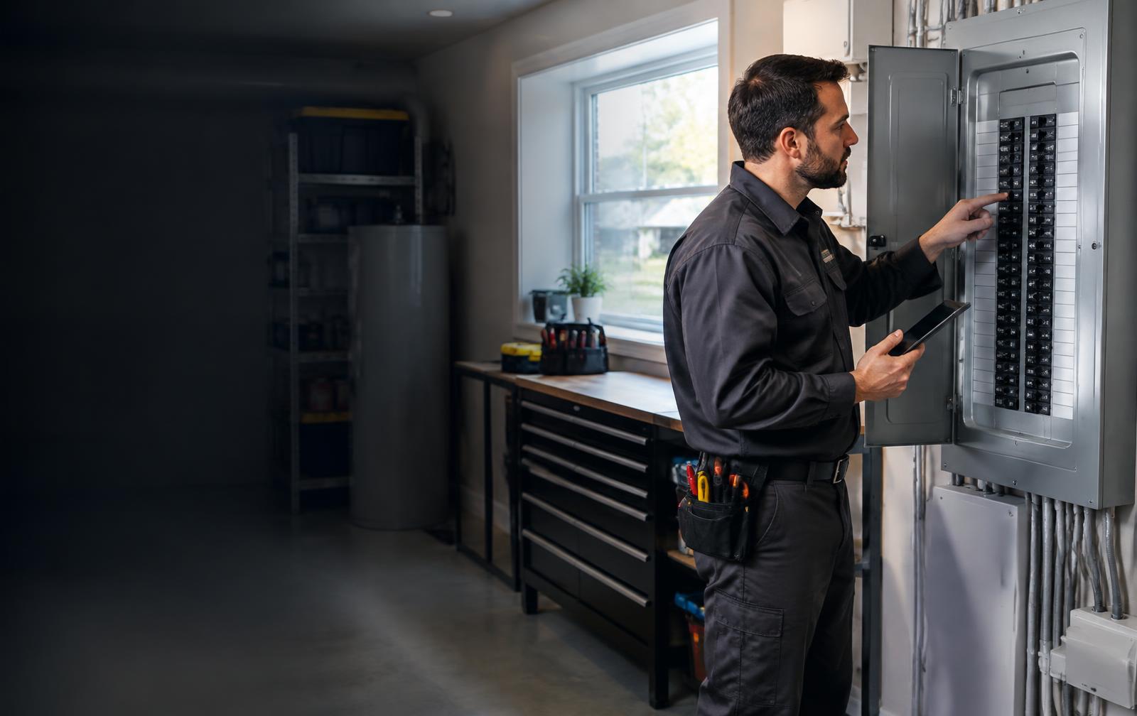 Electrician inspecting a modern electrical panel for a Newmarket property